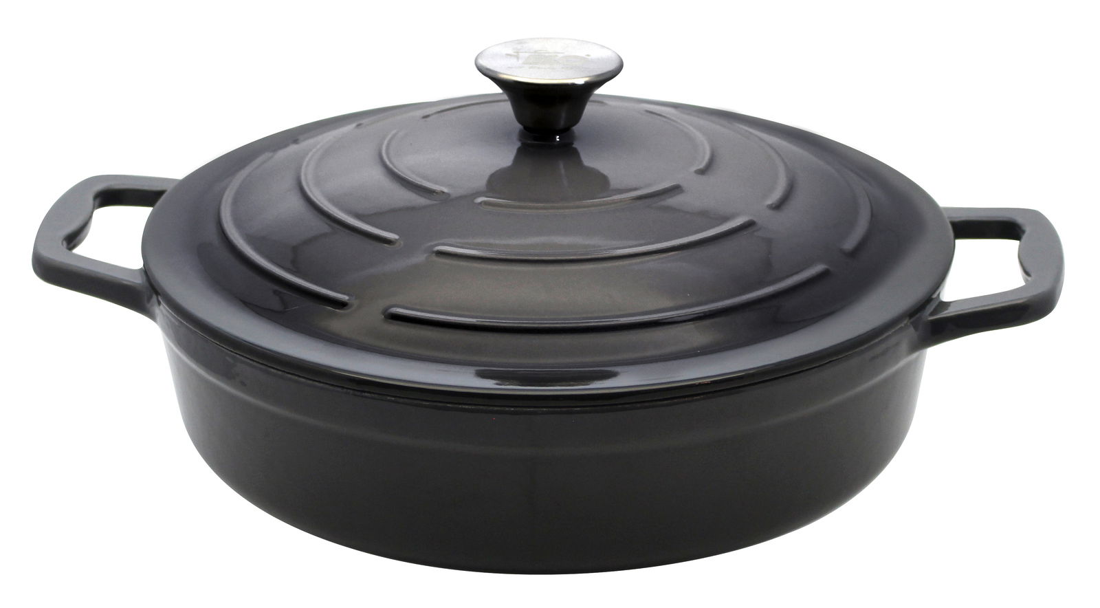 Schwarzer Servierbräter aus Gusseisen mit Deckel, seitliche Perspektive