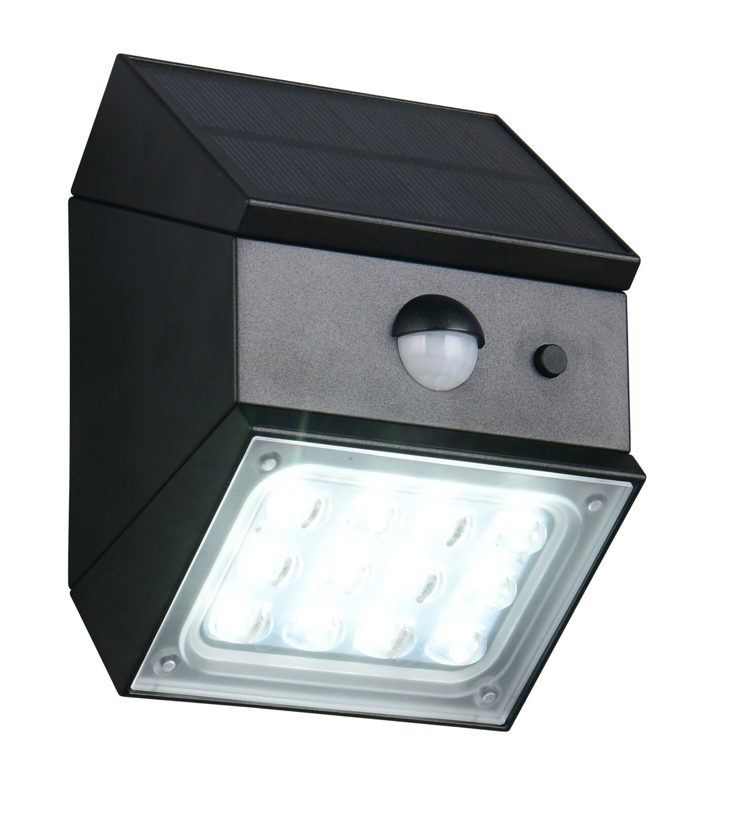 LED-Solar-Außenwandleuchte mit Bewegungssensor, seitliche Perspektive