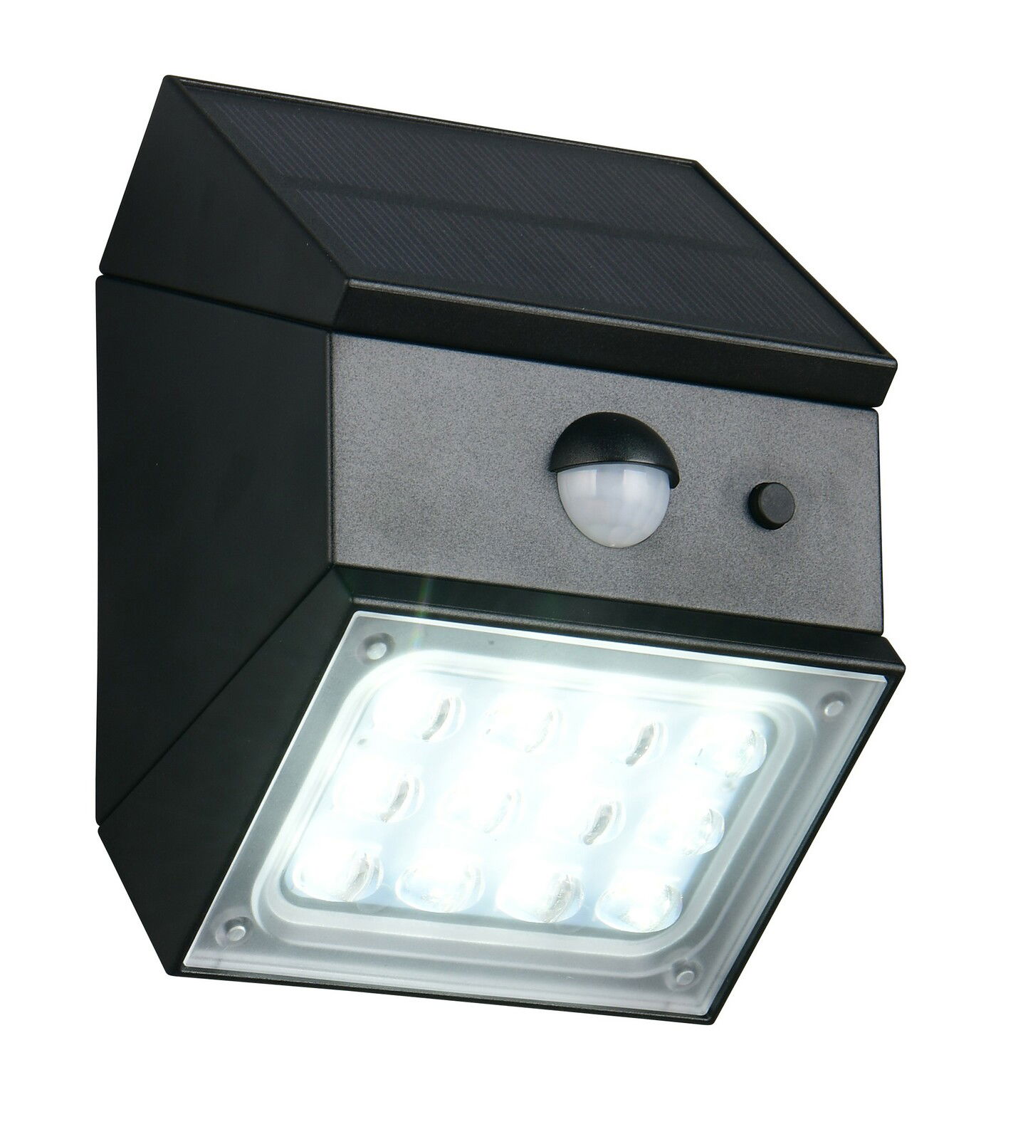 LED-Solar-Außenwandleuchte mit Bewegungssensor, seitliche Perspektive