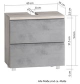 Waschbeckenunterschrank in Betonoptik mit zwei Schubladen, Frontansicht, Maße: 60 cm Breite, 35 cm Tiefe, 54 cm Höhe.