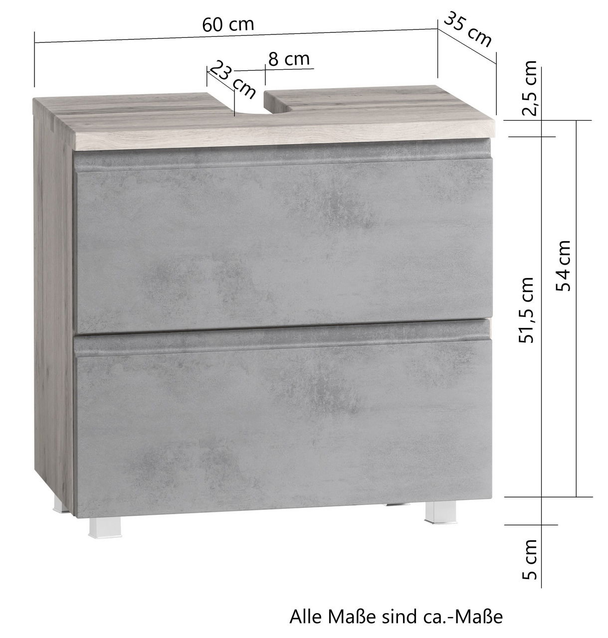 Waschbeckenunterschrank in Betonoptik mit zwei Schubladen, Frontansicht, Maße: 60 cm Breite, 35 cm Tiefe, 54 cm Höhe.