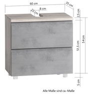 Waschbeckenunterschrank in Betonoptik mit zwei Schubladen, Frontansicht, Maße: 60 cm Breite, 35 cm Tiefe, 54 cm Höhe.