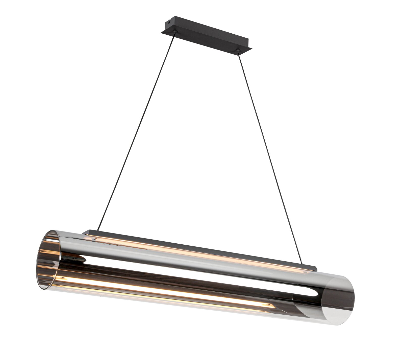 Moderne LED-Hängeleuchte in zylindrischer Form aus Metall, seitliche Perspektive