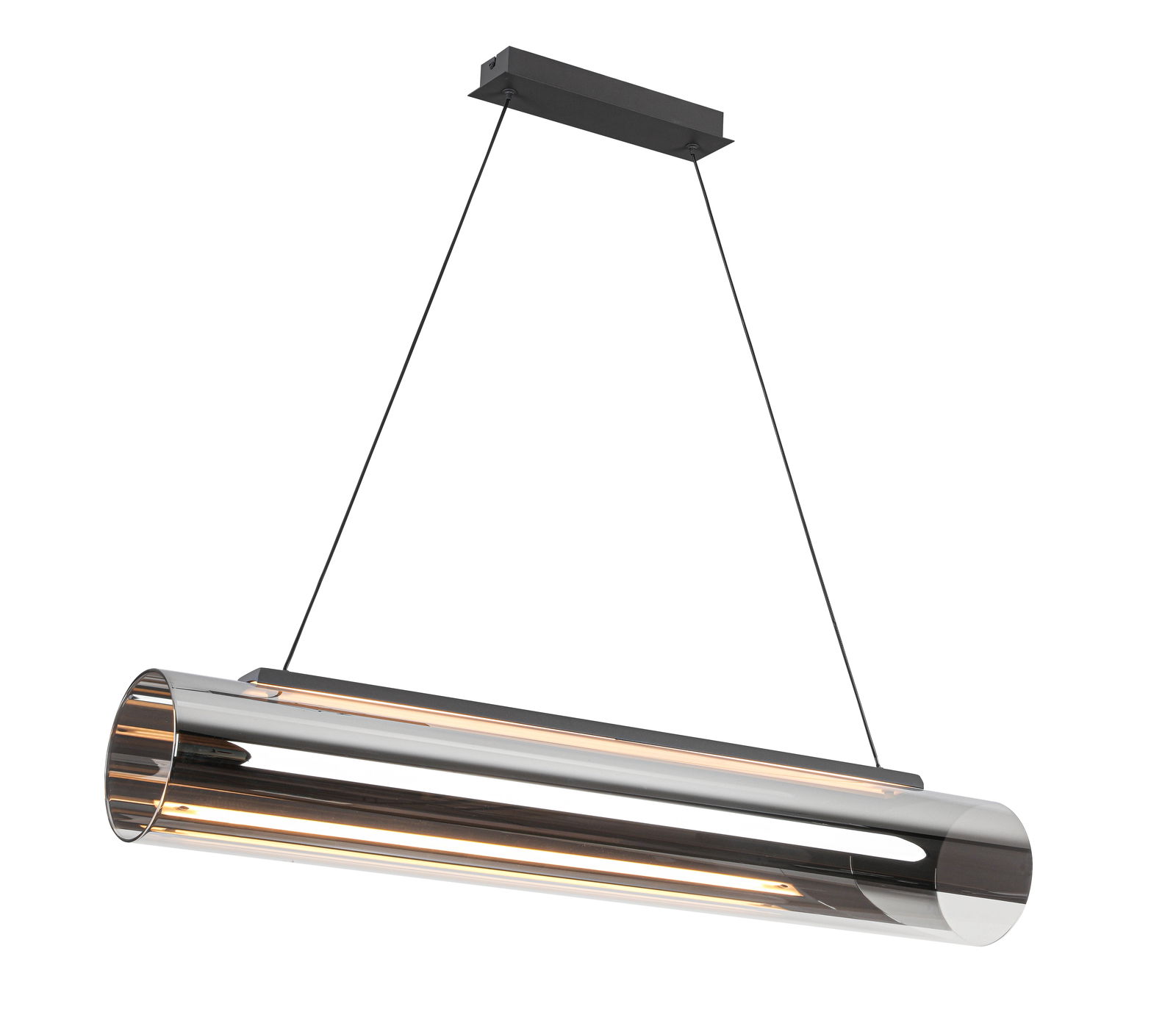 Moderne LED-Hängeleuchte in zylindrischer Form aus Metall, seitliche Perspektive