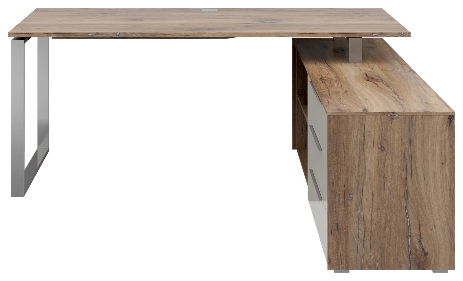 Eckschreibtisch Voleo NEVADA aus Holz mit Metallgestell, seitliche Perspektive