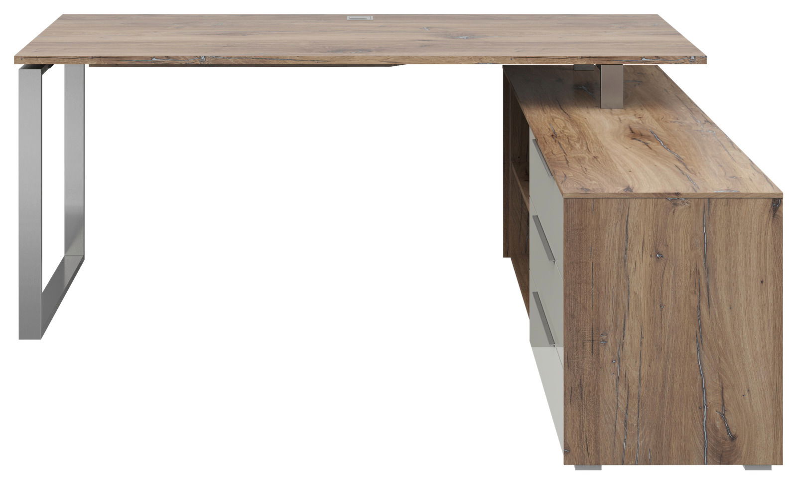 Eckschreibtisch Voleo NEVADA aus Holz mit Metallgestell, seitliche Perspektive