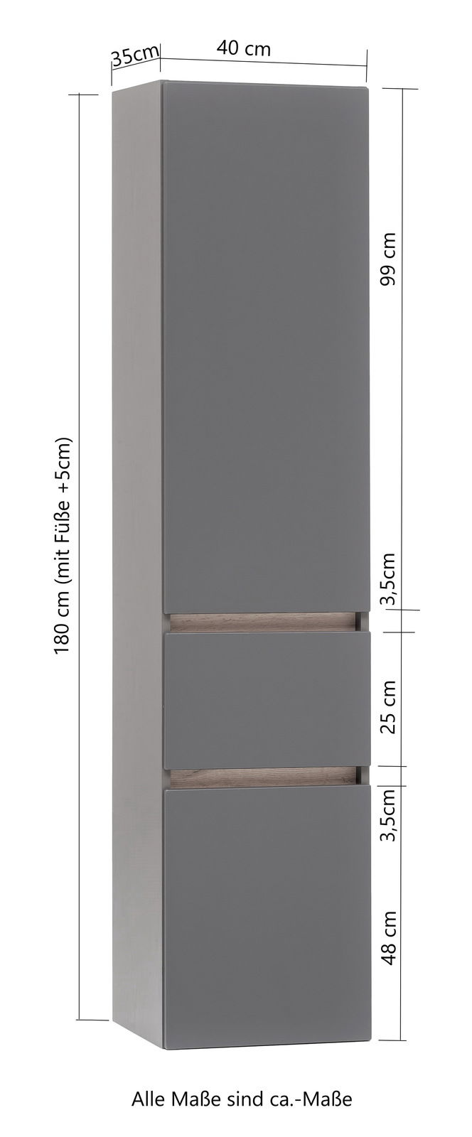 Grauer Hochschrank mit zwei Schubladen, Frontansicht, Maße: 180 cm hoch, 40 cm breit, 35 cm tief.