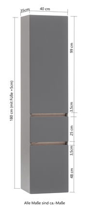 Grauer Hochschrank mit zwei Schubladen, Frontansicht, Maße: 180 cm hoch, 40 cm breit, 35 cm tief.