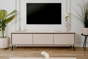 Modernes TV-Lowboard in heller Holzoptik mit schwarzen Akzenten, frontal betrachtet, dekoriert mit Pflanzen und Kerzen.
