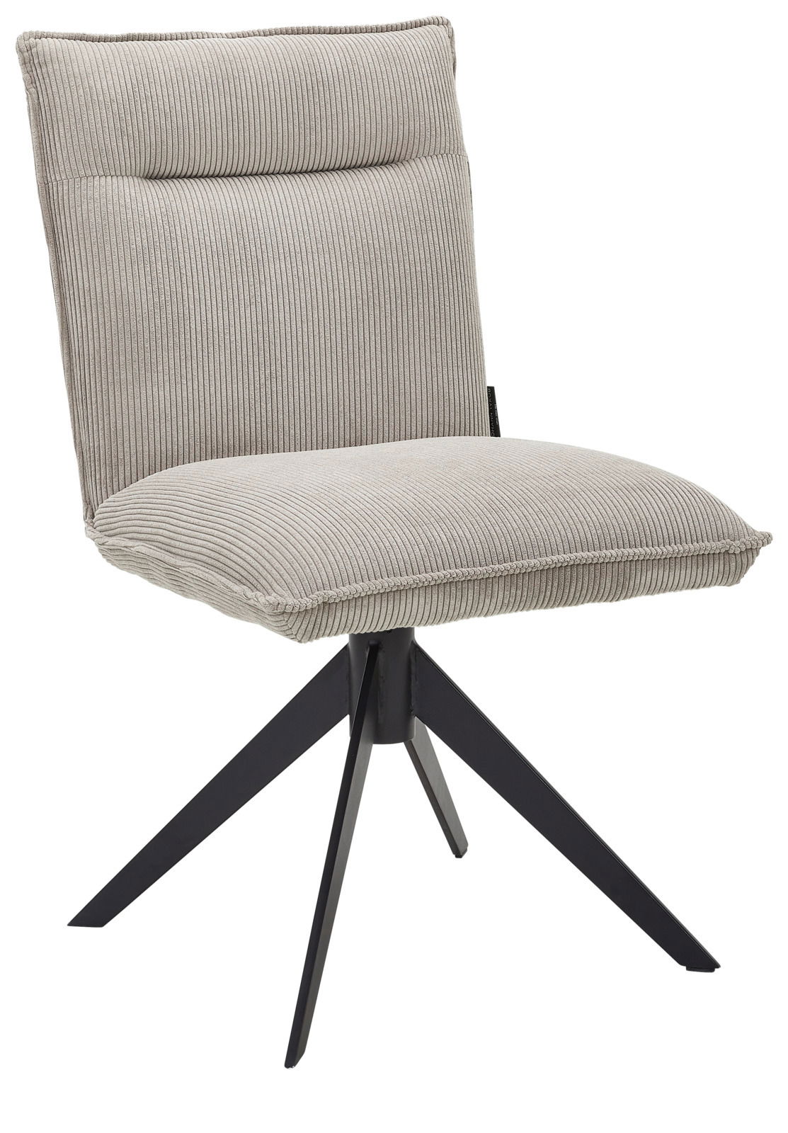Johann Jakob Stuhl CALAS Moderner Stuhl mit hellgrauem, geripptem Stoffbezug und schwarzem Metallgestell, seitliche Perspektive