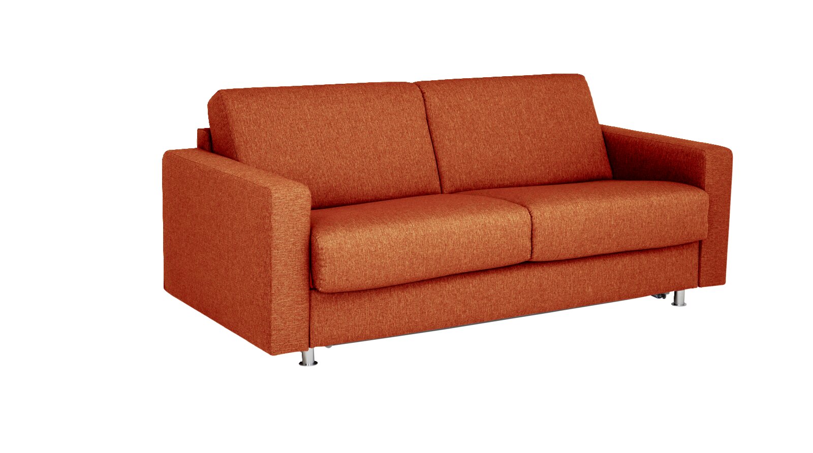 Modernes orangefarbenes 3-Sitzer-Sofa mit geraden Armlehnen und Metallfüßen, freigestellt in Vorderansicht aus leicht erhöhter Perspektive