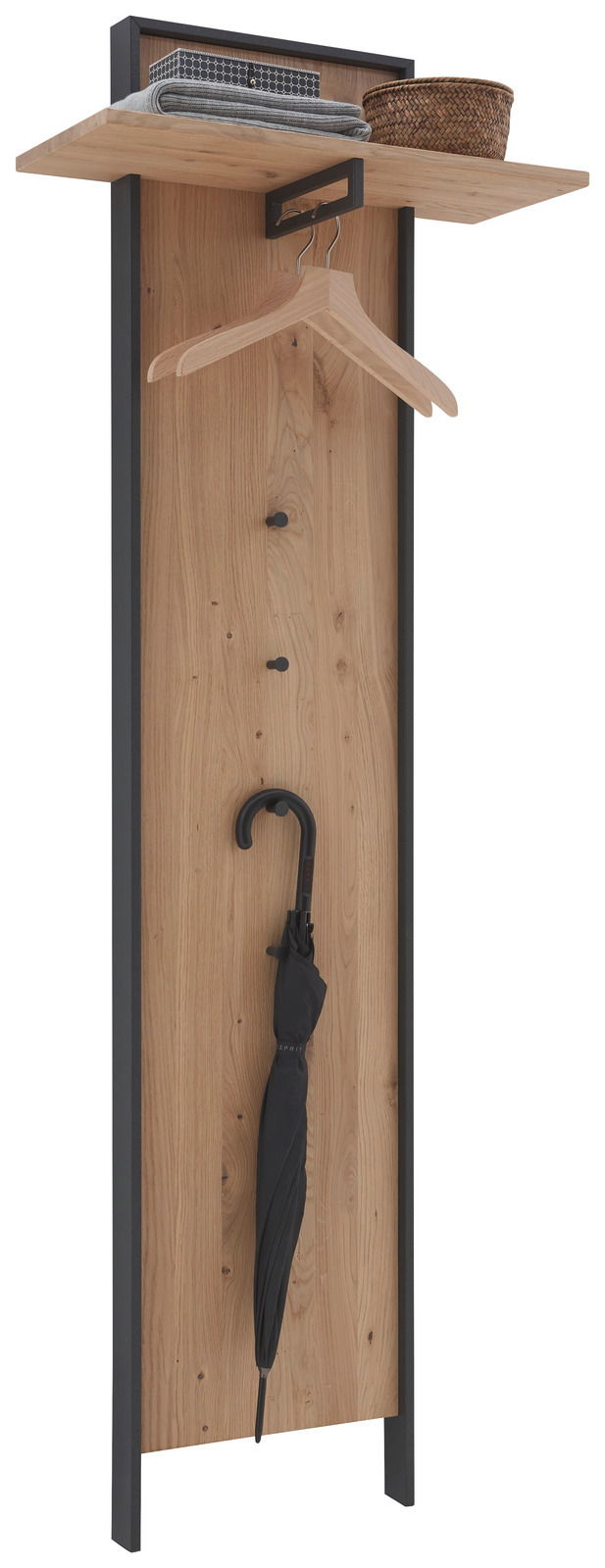 Valdera Garderobenpaneel lang STEEL Garderobenpaneel aus Holz mit schwarzem Rahmen, ausgestattet mit einer Ablage, Kleiderhaken und einem Schirmhalter. Frontalansicht.