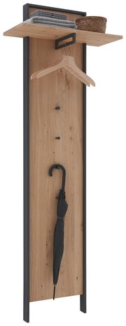 Garderobenpaneel aus Holz mit schwarzem Rahmen, ausgestattet mit einer Ablage, Kleiderhaken und einem Schirmhalter. Frontalansicht.