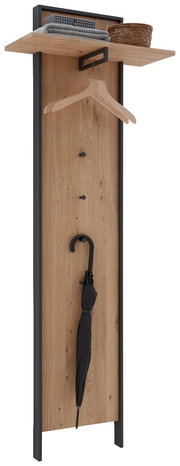 Garderobenpaneel aus Holz mit schwarzem Rahmen, ausgestattet mit einer Ablage, Kleiderhaken und einem Schirmhalter. Frontalansicht.