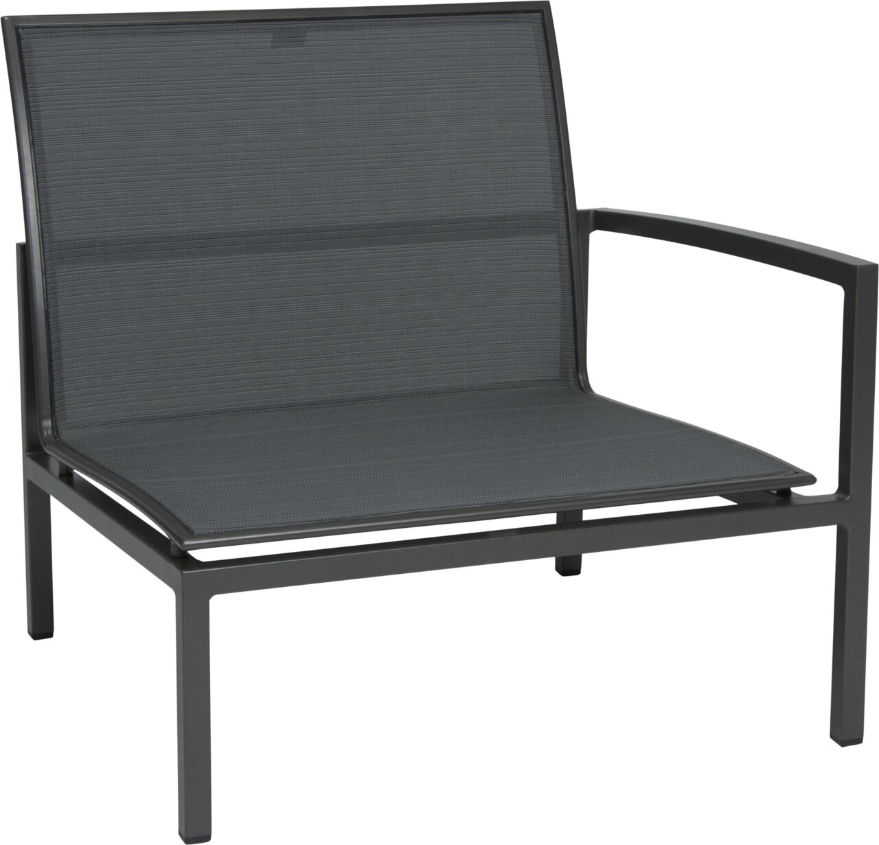 Seitenelement eines Lounge-Sessels aus Metall mit grauem Bezug, seitliche Perspektive