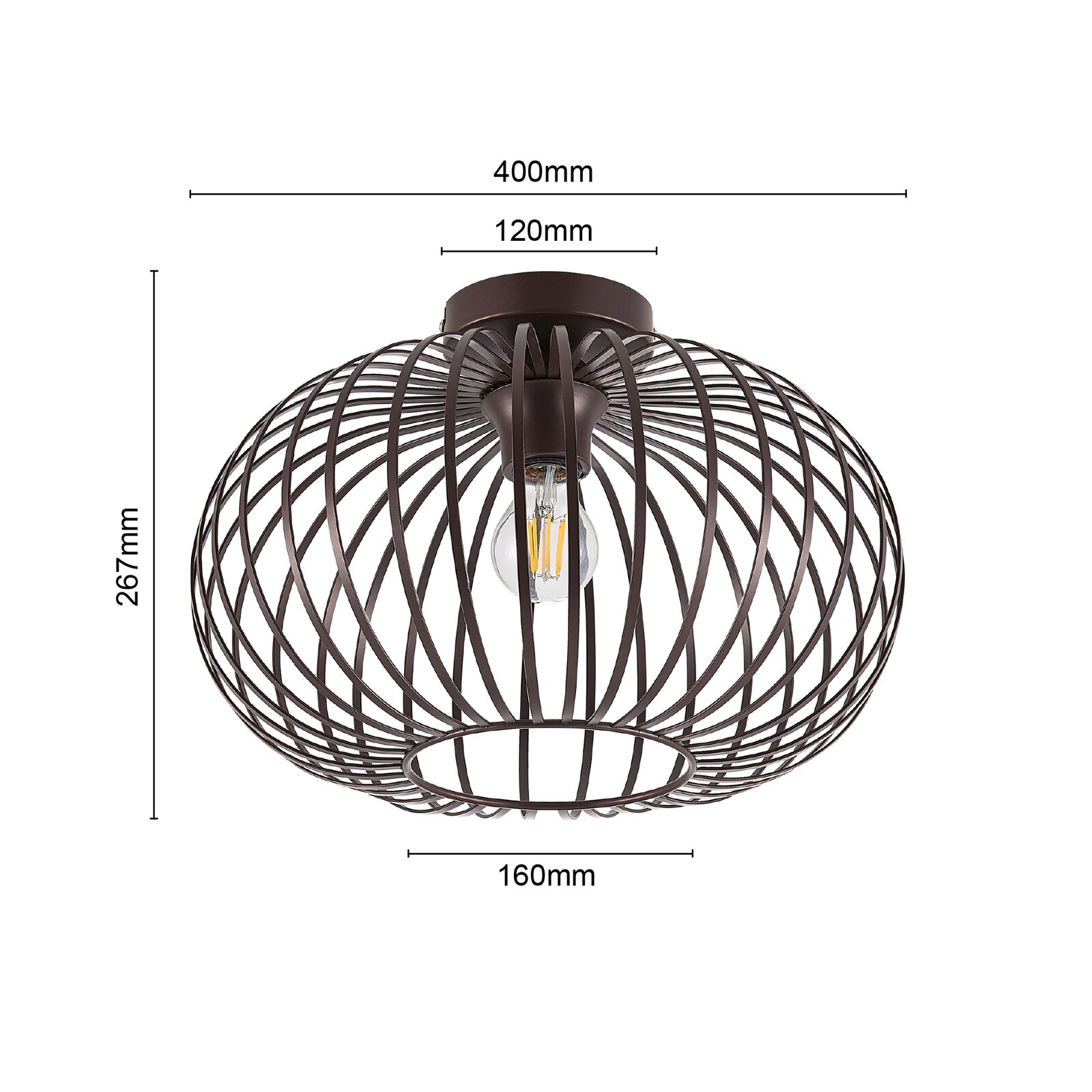 Moderne Deckenleuchte mit braunem Drahtkäfig-Design, seitliche Perspektive