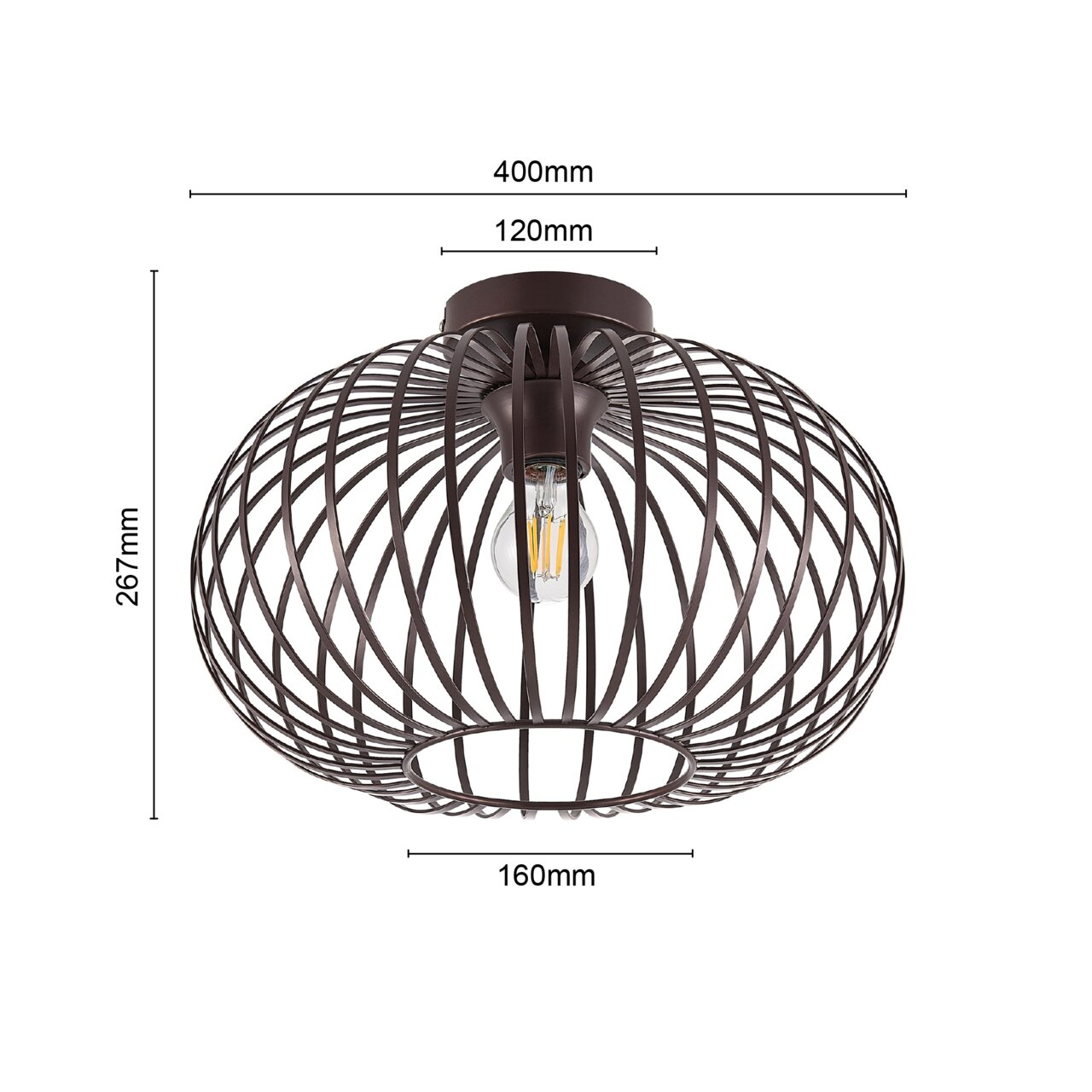 Moderne Deckenleuchte mit braunem Drahtkäfig-Design, seitliche Perspektive