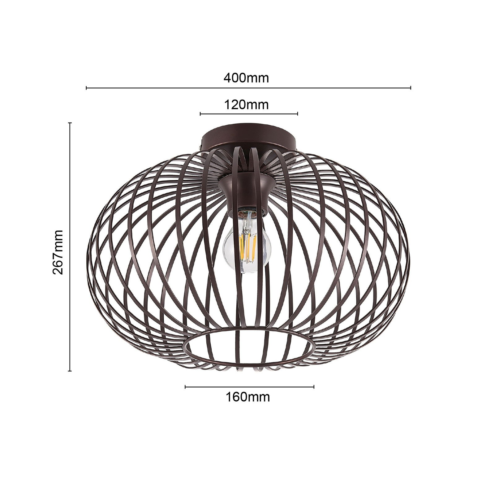 Moderne Deckenleuchte mit braunem Drahtkäfig-Design, seitliche Perspektive