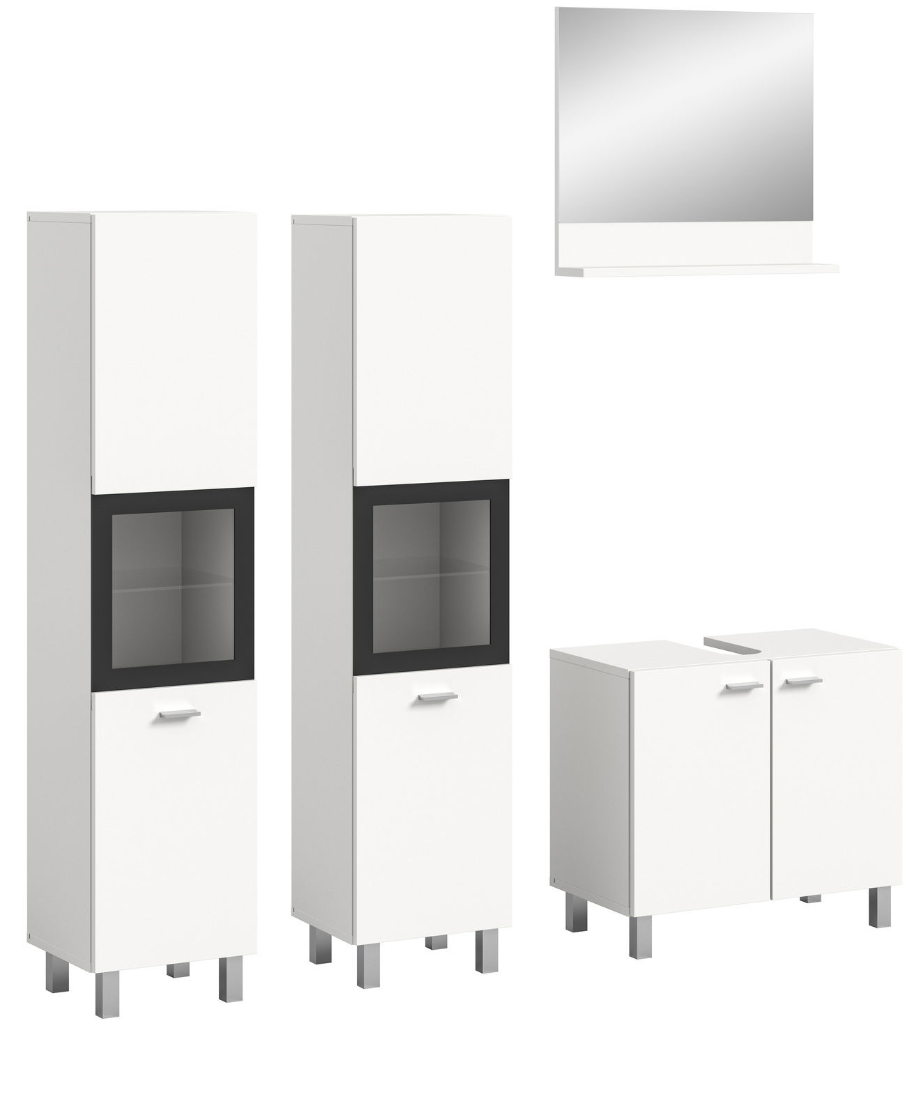 Moderne Badkombination mit zwei hohen Schränken, einem Spiegelschrank und einem Unterschrank, frontal abgebildet.