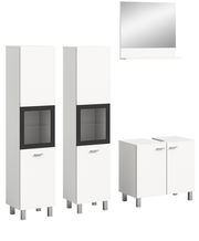 Moderne Badkombination mit zwei hohen Schränken, einem Spiegelschrank und einem Unterschrank, frontal abgebildet.