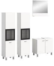 Moderne Badkombination mit zwei hohen Schränken, einem Spiegelschrank und einem Unterschrank, frontal abgebildet.