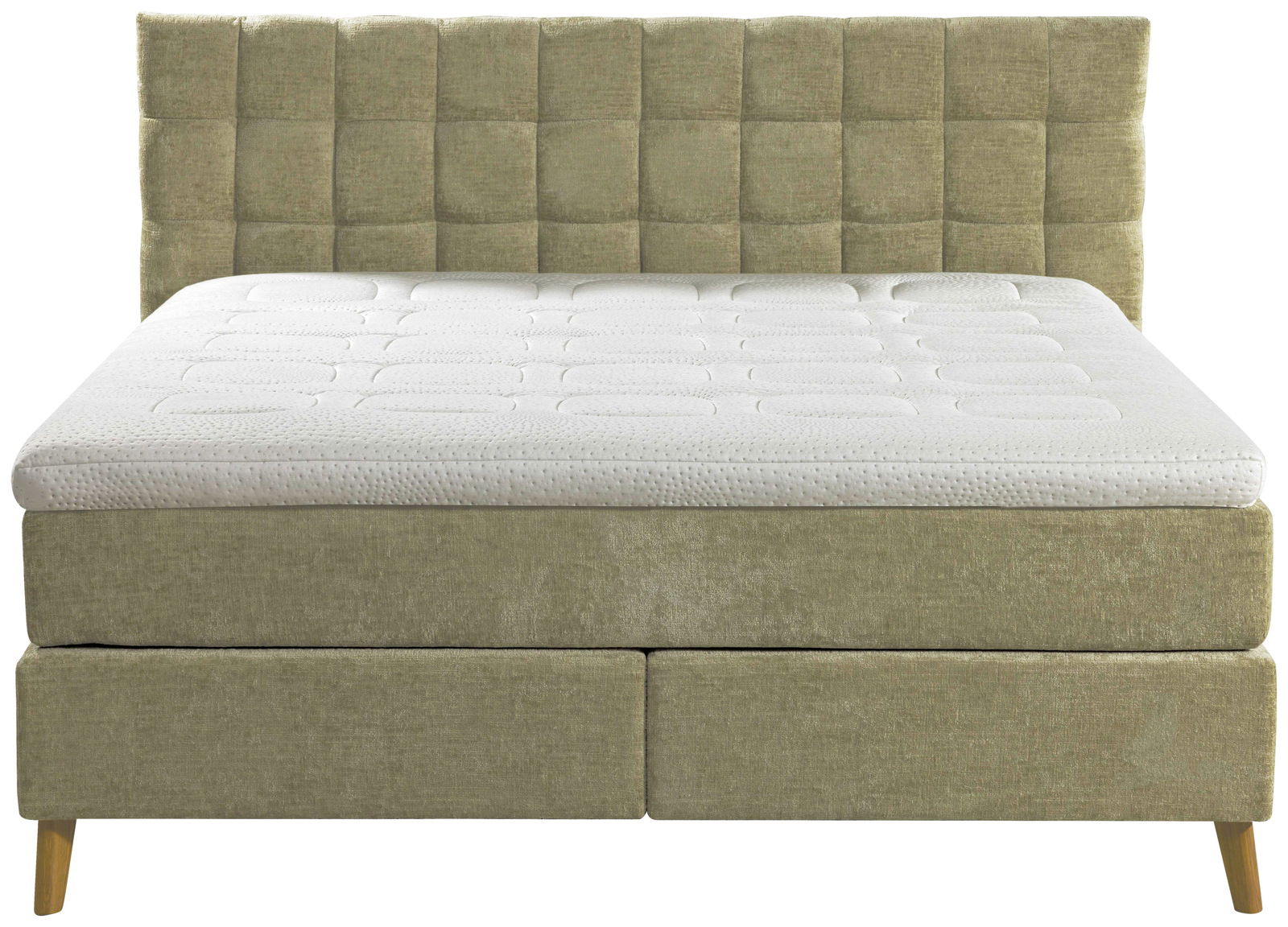 Boxspringbett 180x200 in beige, Frontalansicht mit gepolstertem Kopfteil und Holzfüßen