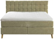 Boxspringbett 180x200 in beige, Frontalansicht mit gepolstertem Kopfteil und Holzfüßen