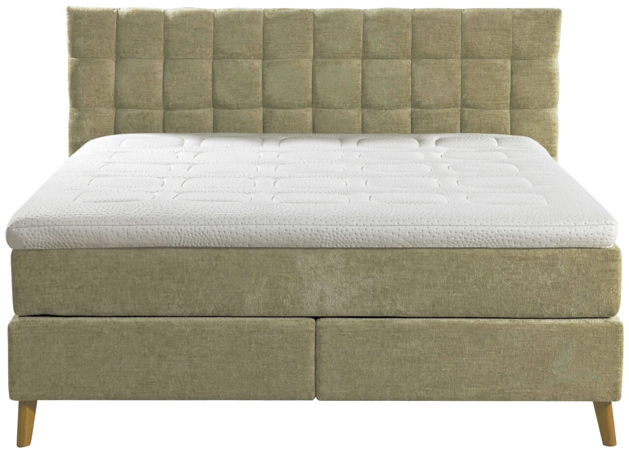 Boxspringbett 180x200 in beige, Frontalansicht mit gepolstertem Kopfteil und Holzfüßen