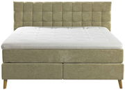 Boxspringbett 180x200 in beige, Frontalansicht mit gepolstertem Kopfteil und Holzfüßen