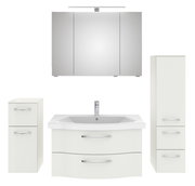 Badezimmermöbel-Set in Weiß mit Spiegelschrank, Waschbeckenunterschrank und zwei Hochschränken, frontale Ansicht