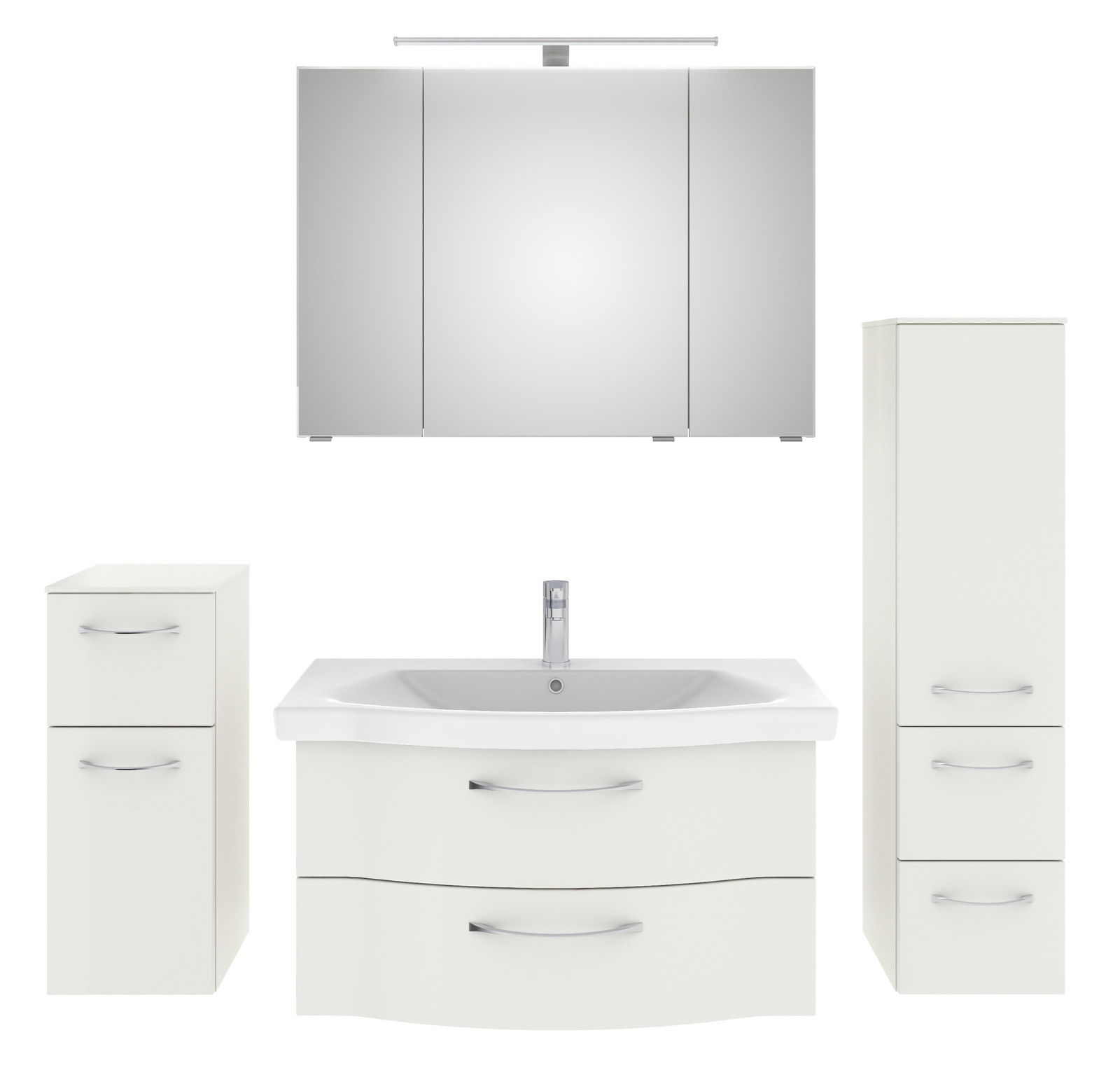 Badezimmermöbel-Set in Weiß mit Spiegelschrank, Waschbeckenunterschrank und zwei Hochschränken, frontale Ansicht
