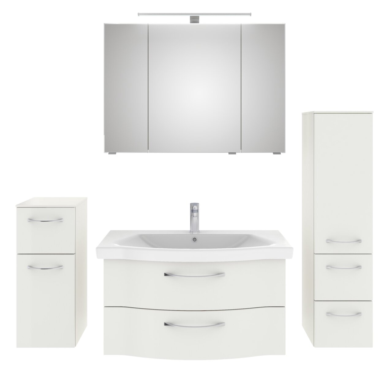 Badezimmermöbel-Set in Weiß mit Spiegelschrank, Waschbeckenunterschrank und zwei Hochschränken, frontale Ansicht
