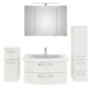 Badezimmermöbel-Set in Weiß mit Spiegelschrank, Waschbeckenunterschrank und zwei Hochschränken, frontale Ansicht