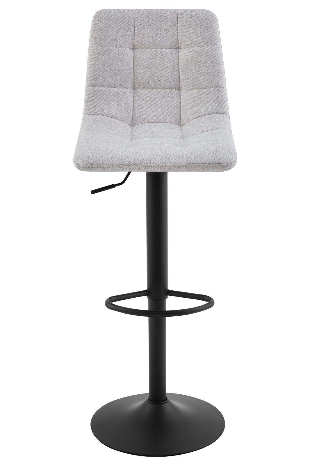 Moderner Barhocker mit grauem, gepolstertem Sitz und schwarzem Metallgestell, Frontalansicht