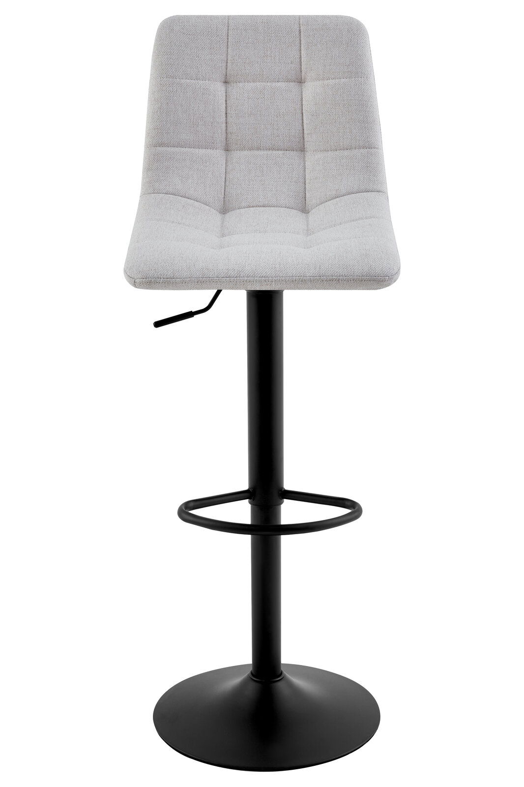 Moderner Barhocker mit grauem, gepolstertem Sitz und schwarzem Metallgestell, Frontalansicht