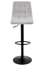 Moderner Barhocker mit grauem, gepolstertem Sitz und schwarzem Metallgestell, Frontalansicht