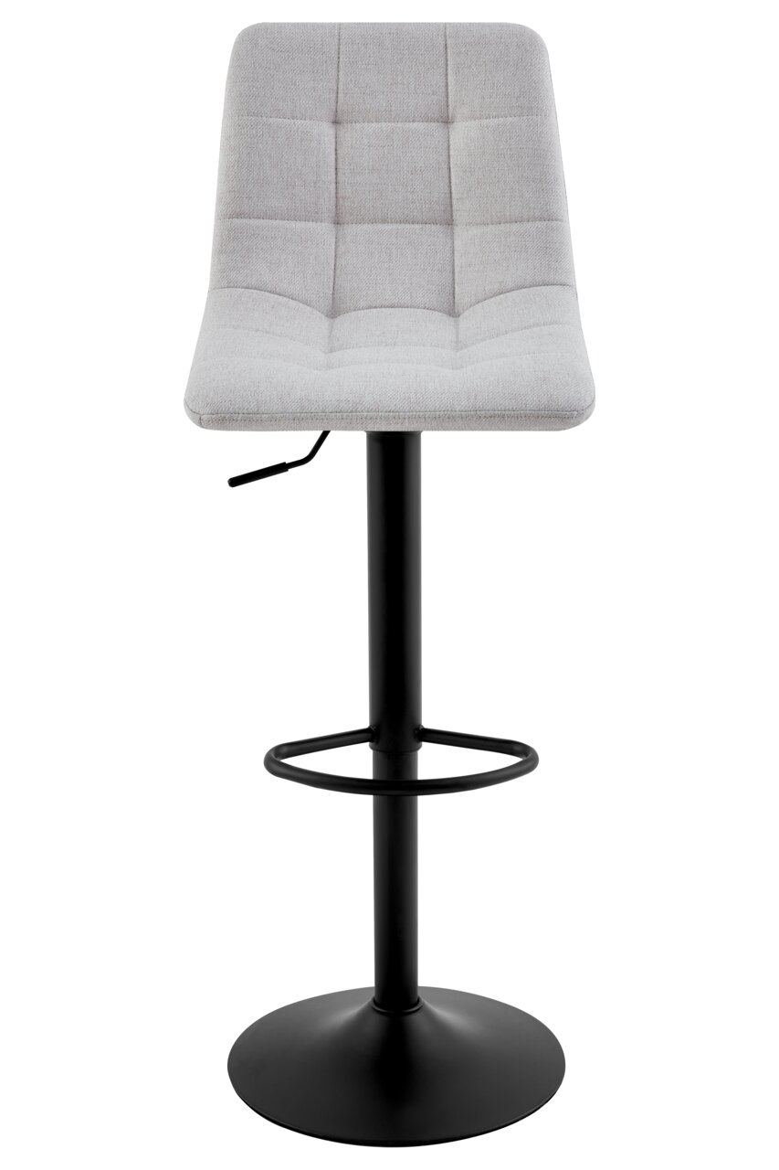 Moderner Barhocker mit grauem, gepolstertem Sitz und schwarzem Metallgestell, Frontalansicht