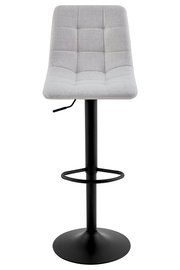 Moderner Barhocker mit grauem, gepolstertem Sitz und schwarzem Metallgestell, Frontalansicht