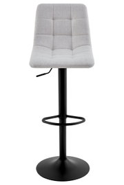 Moderner Barhocker mit grauem, gepolstertem Sitz und schwarzem Metallgestell, Frontalansicht