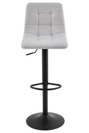 Moderner Barhocker mit grauem, gepolstertem Sitz und schwarzem Metallgestell, Frontalansicht