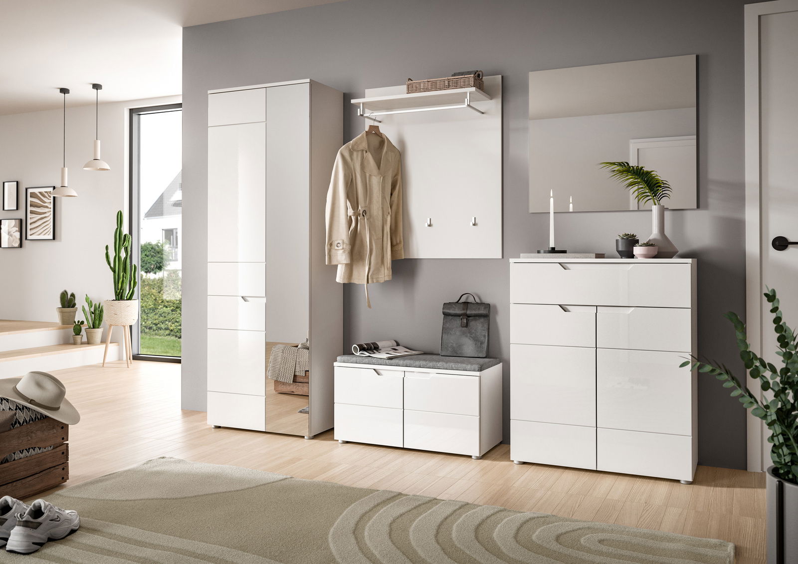 MID.YOU Garderobenkombination HILTON Moderne Garderobenkombination in einem hellen Raum mit Spiegel, Schrank, Sitzbank und Hakenleiste, seitliche Perspektive