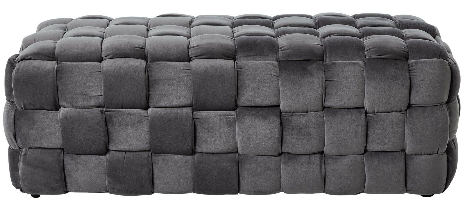 Grauer, gepolsterter Hocker mit quadratischem Muster, seitliche Perspektive