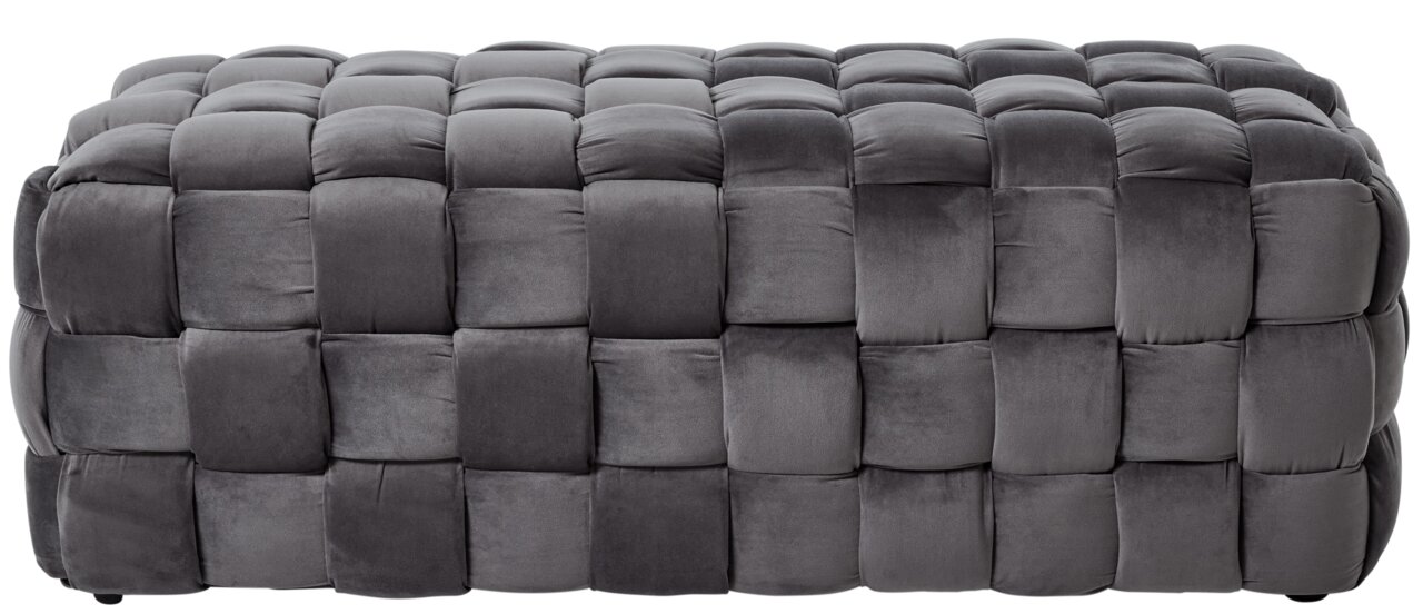 Grauer, gepolsterter Hocker mit quadratischem Muster, seitliche Perspektive