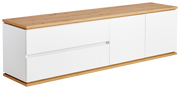 TV-Lowboard XORA YAMAEL in Weiß mit Holzoberfläche, seitliche Perspektive