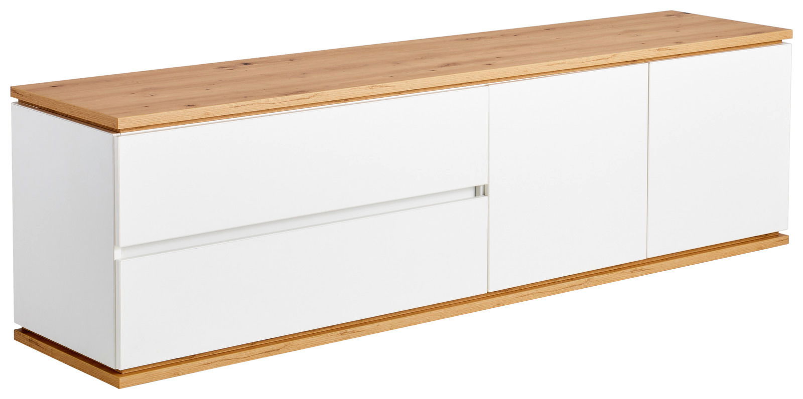 TV-Lowboard XORA YAMAEL in Weiß mit Holzoberfläche, seitliche Perspektive