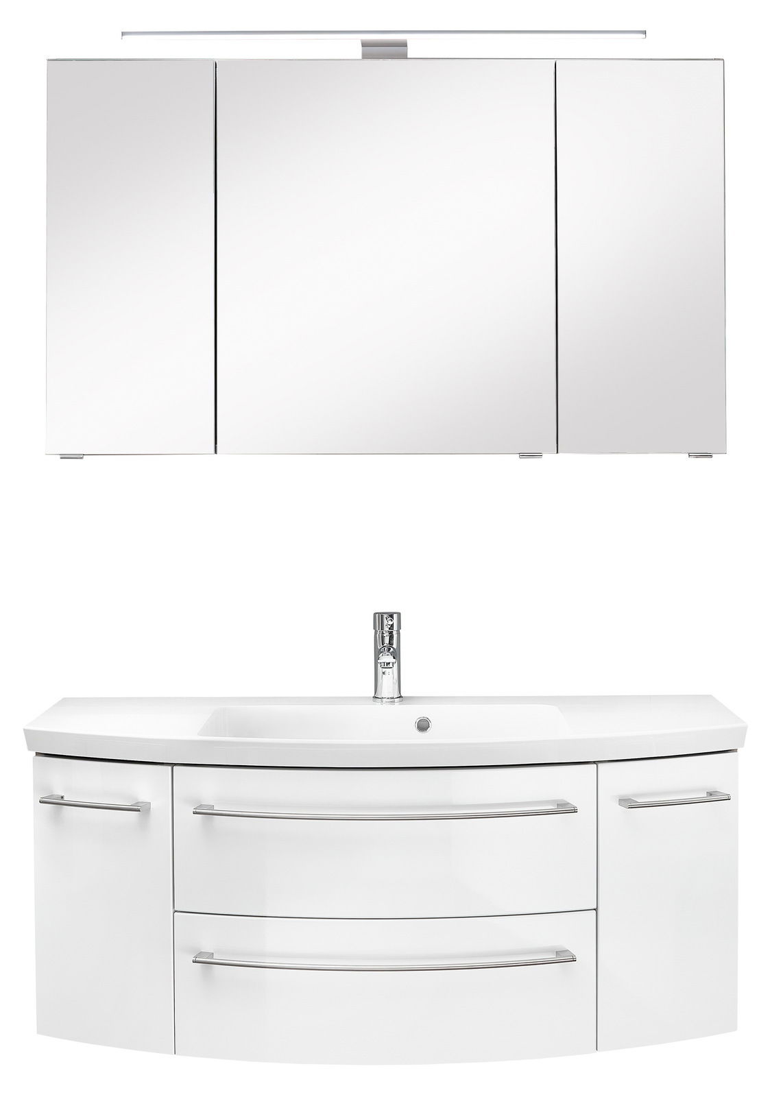 Moderne dreiteilige Badkombination mit Spiegelschrank und Waschbeckenunterschrank, Frontalansicht