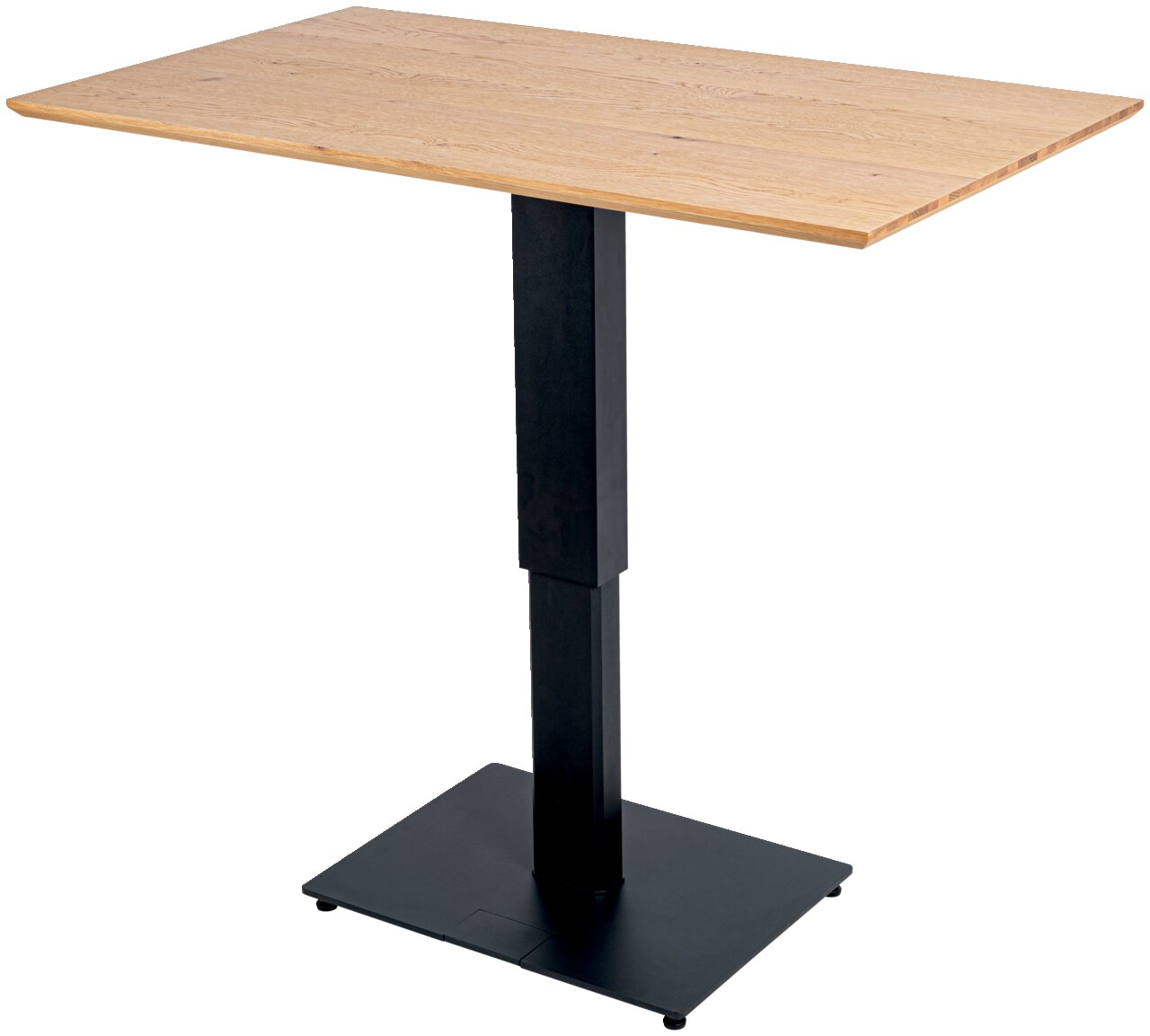 Moderne eet- en bartafel met rechthoekig houten blad en zwart metalen onderstel, zijaanzicht
