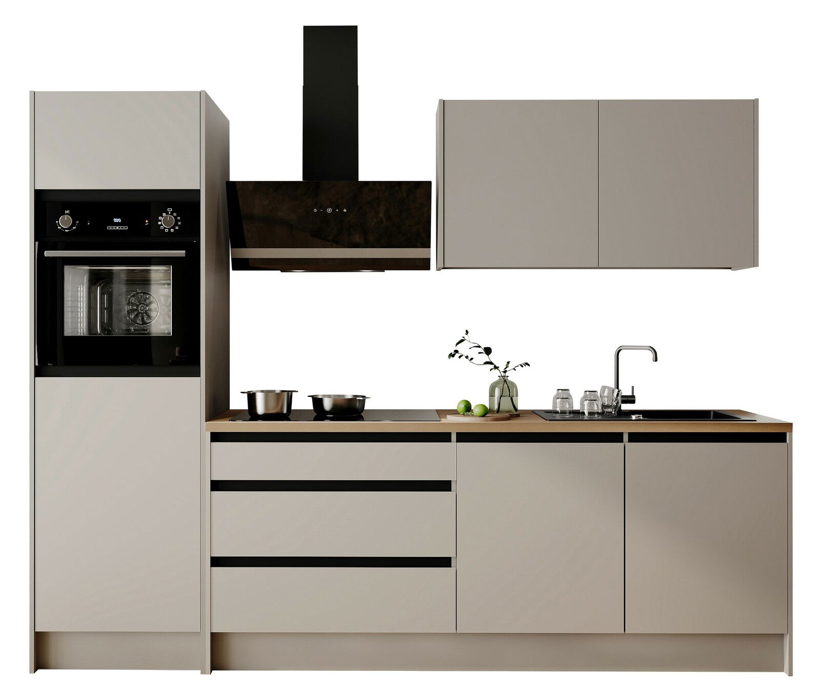 Yourkitchen Küchenblock Premium 273 TROJA Moderne Küchenzeile mit integriertem Backofen, Dunstabzugshaube, Kochfeld und Spüle, frontal betrachtet.