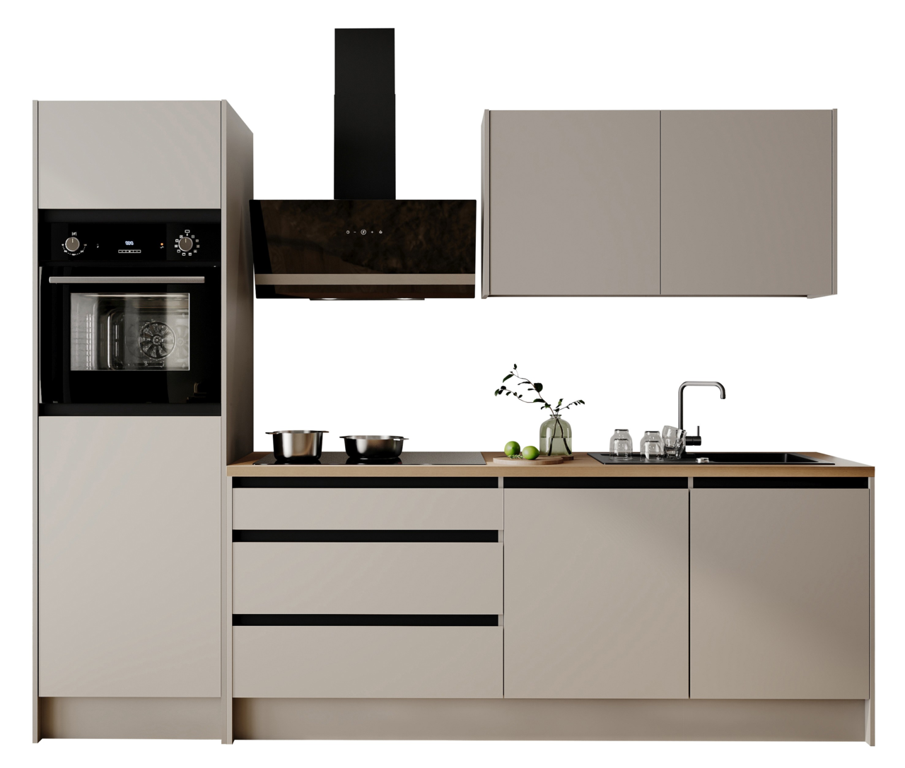 Yourkitchen Küchenblock Premium 273 TROJA Moderne Küchenzeile mit integriertem Backofen, Dunstabzugshaube, Kochfeld und Spüle, frontal betrachtet.