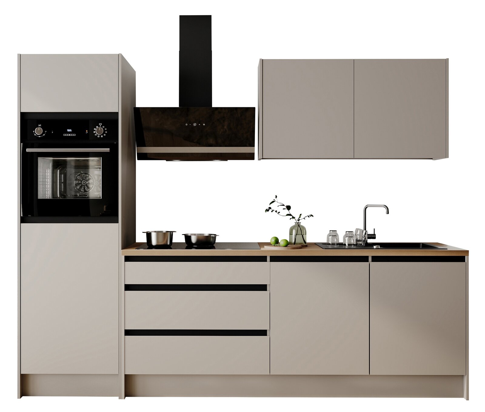 Yourkitchen Küchenblock Premium 273 TROJA Moderne Küchenzeile mit integriertem Backofen, Dunstabzugshaube, Kochfeld und Spüle, frontal betrachtet.